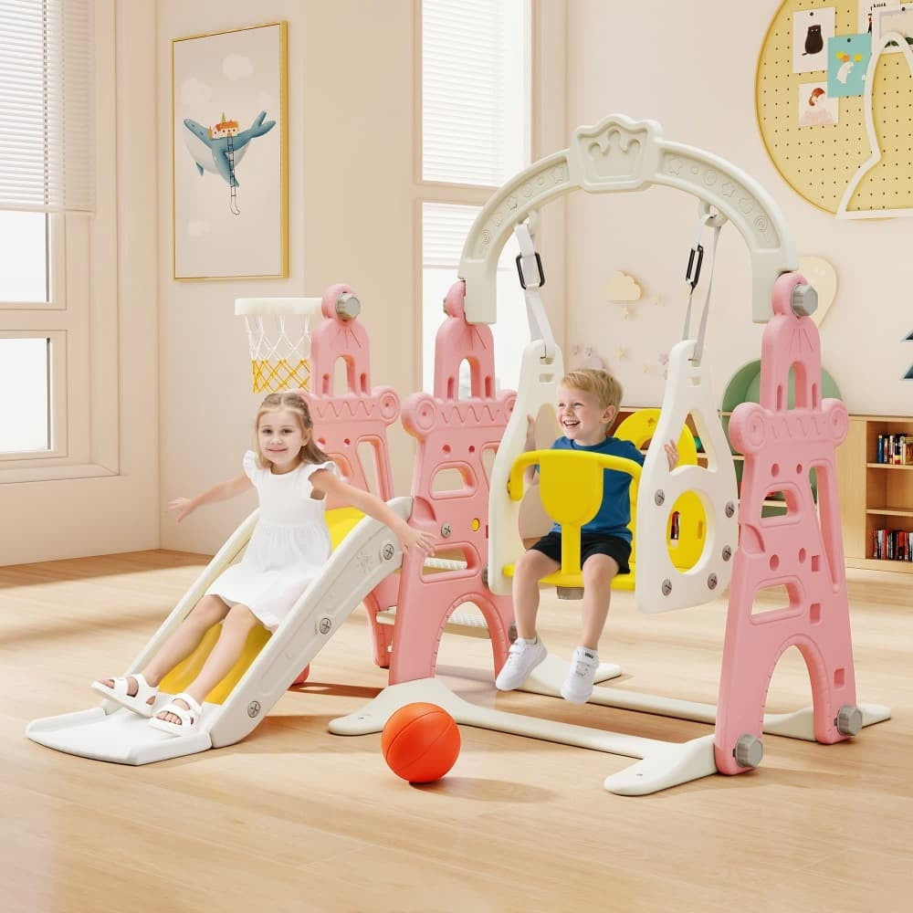 TOBBI & NYEEKOY 4-in-1 Toddler Slide and Swing Playset with Hoop