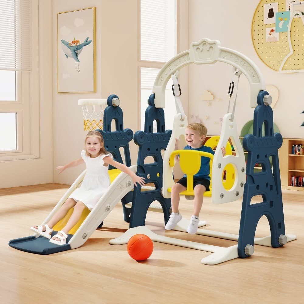 TOBBI & NYEEKOY 4-in-1 Toddler Slide and Swing Playset with Hoop