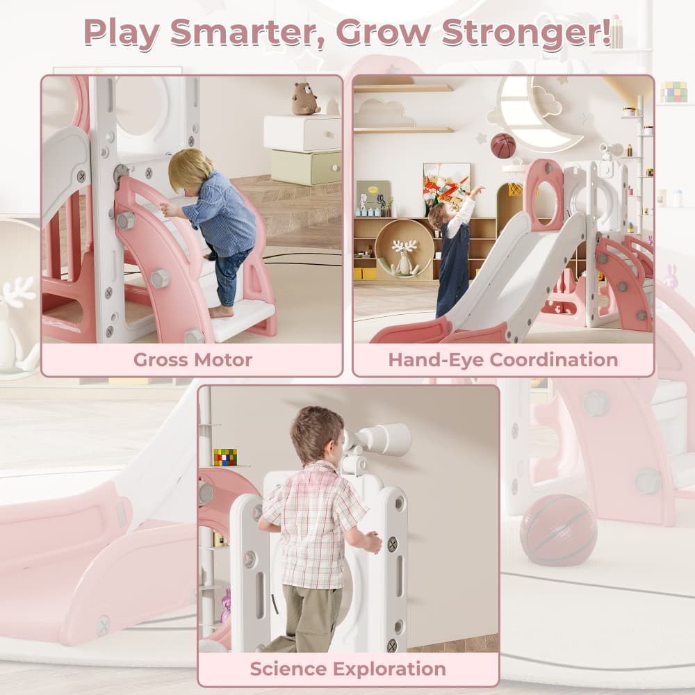 TOBBI & NYEEKOY 6-in-1 Toddler Slide Playset with Basketball Hoop