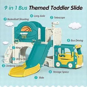 TOBBI & NYEEKOY 9-in-1 Bus-Themed Toddler Slide and Climber Set
