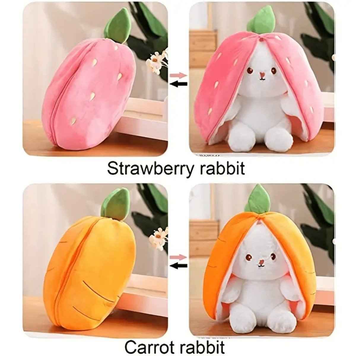 Reversible Strawberry Bunny Plush Toy Soft Polyester Stuffed Animal for Kids Hide and Seek Transforming Toy