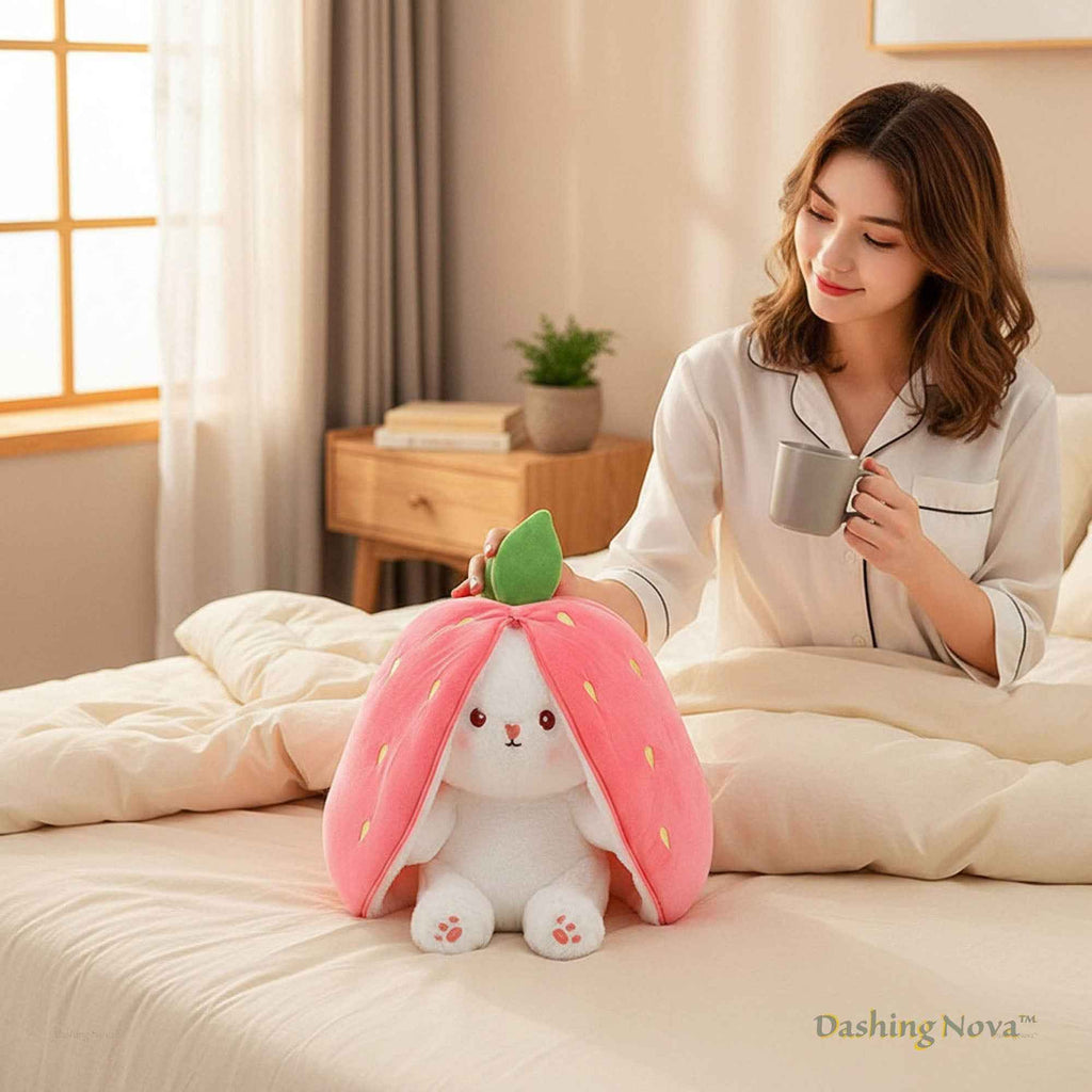 Reversible Strawberry Bunny Plush Toy Soft Polyester Stuffed Animal for Kids Hide and Seek Transforming Toy